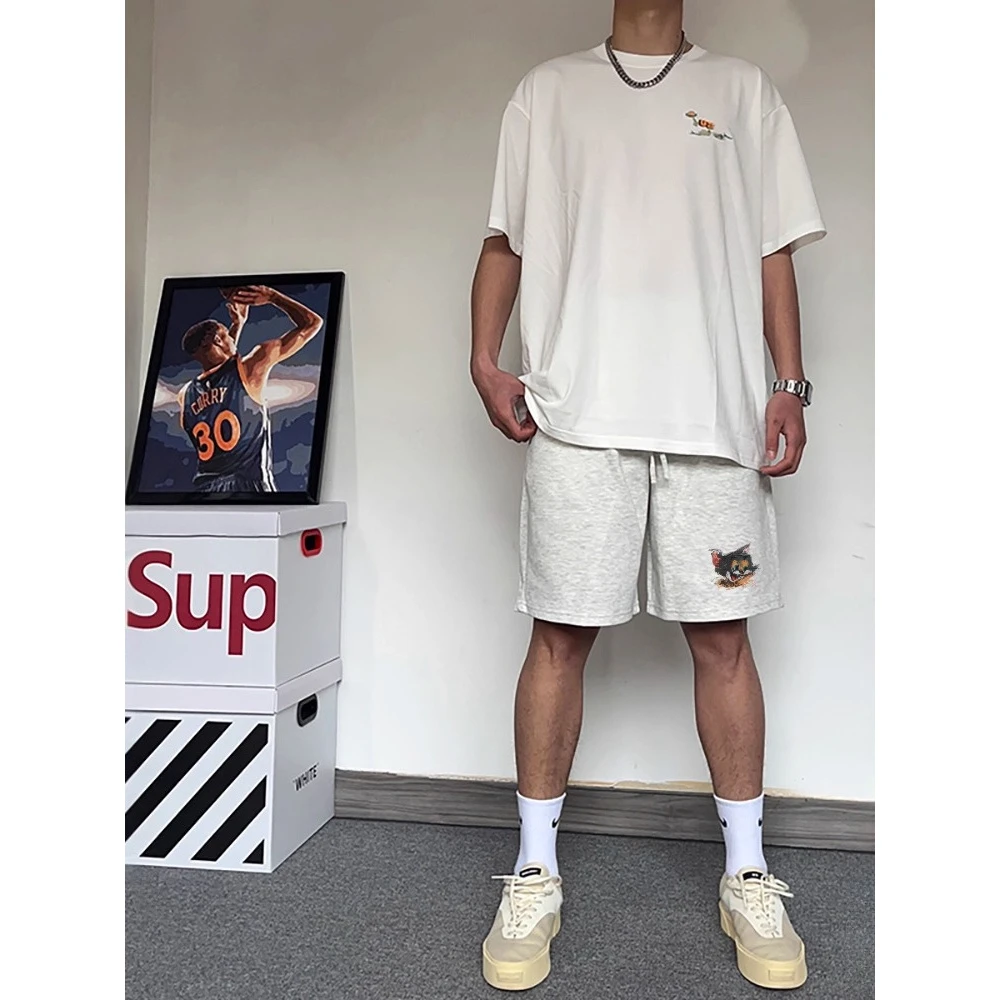 300斤大码欧美宽松个性小众卡通短裤男女夏季休闲白色阔腿五分裤