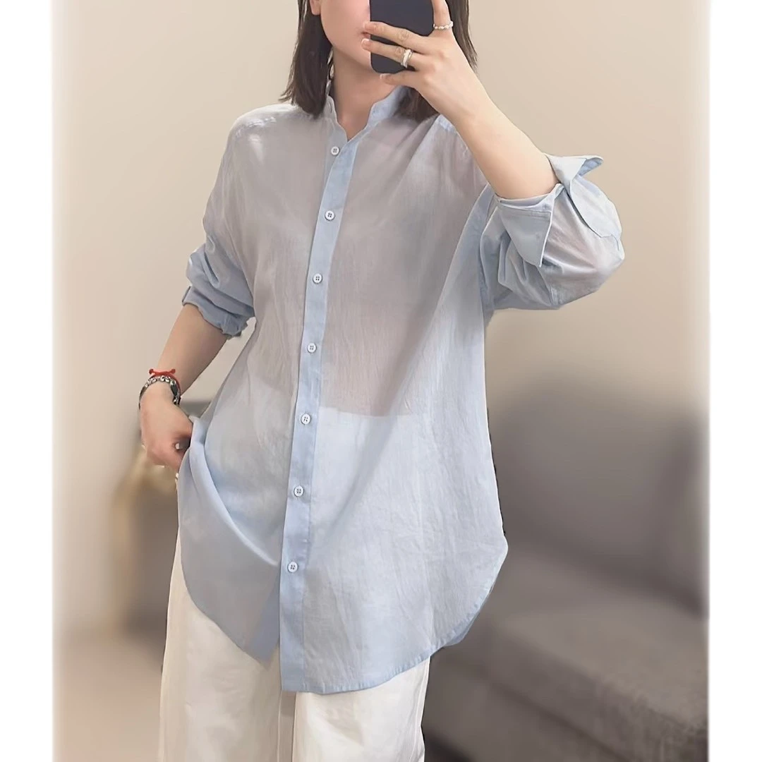 YIYI 2025春夏季新品  时尚小立领微透防晒长袖衬衣