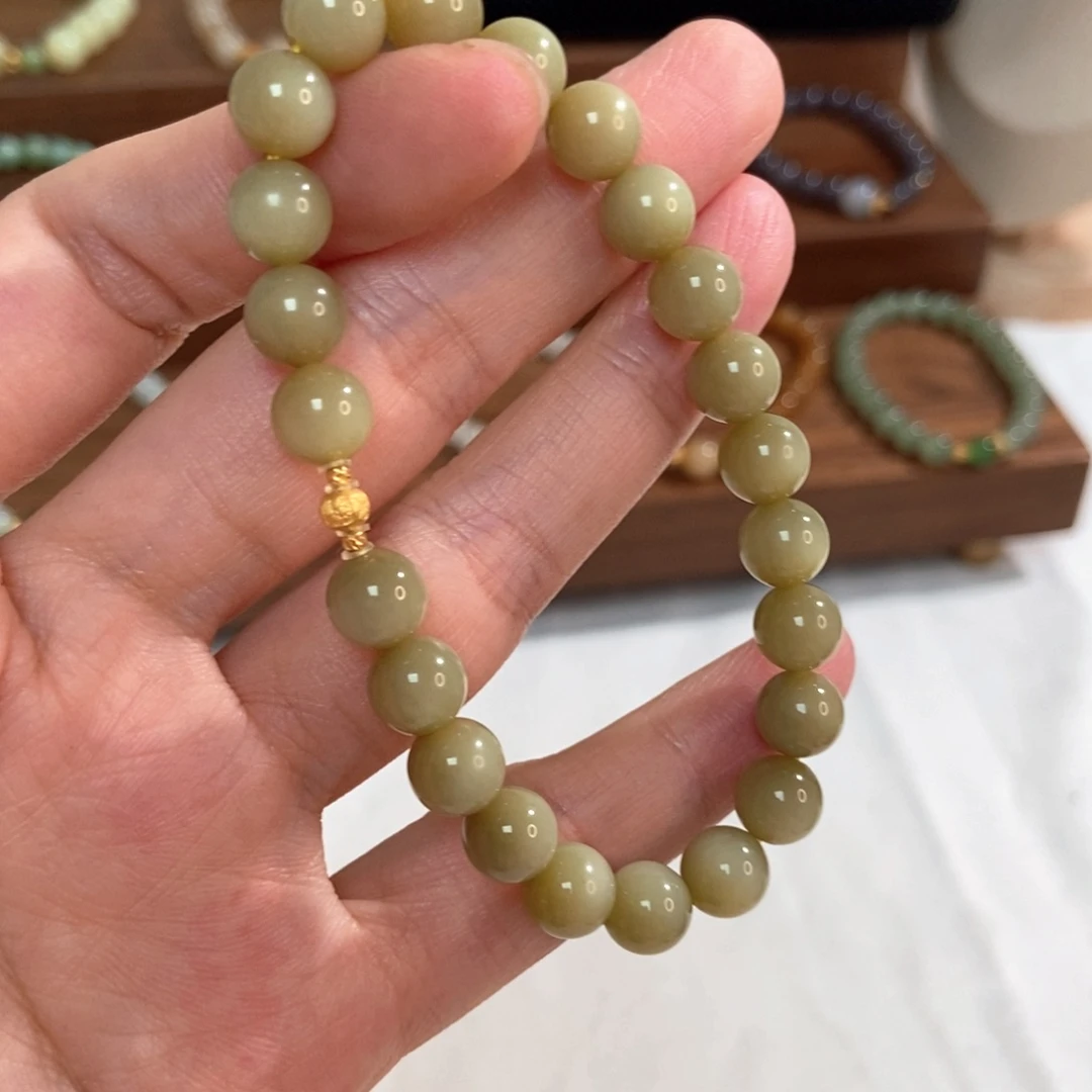 手链18K金镶嵌和田玉8mm黑阳洞碧玉