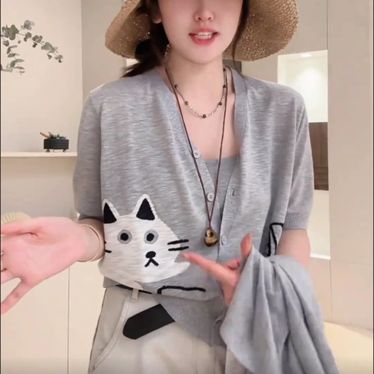 欧货2025夏季新款V领针织开衫女短袖卡通提花设计感百搭薄款上衣
