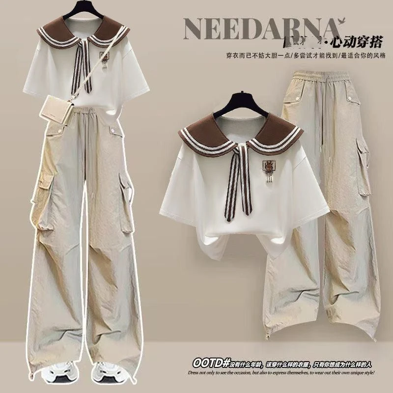 夏季2025套装学生新款时尚韩版宽松学院海军短袖T恤工装裤两件套