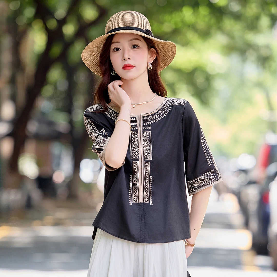2025夏装新款棉麻套头重工绣花衬衣小衫
