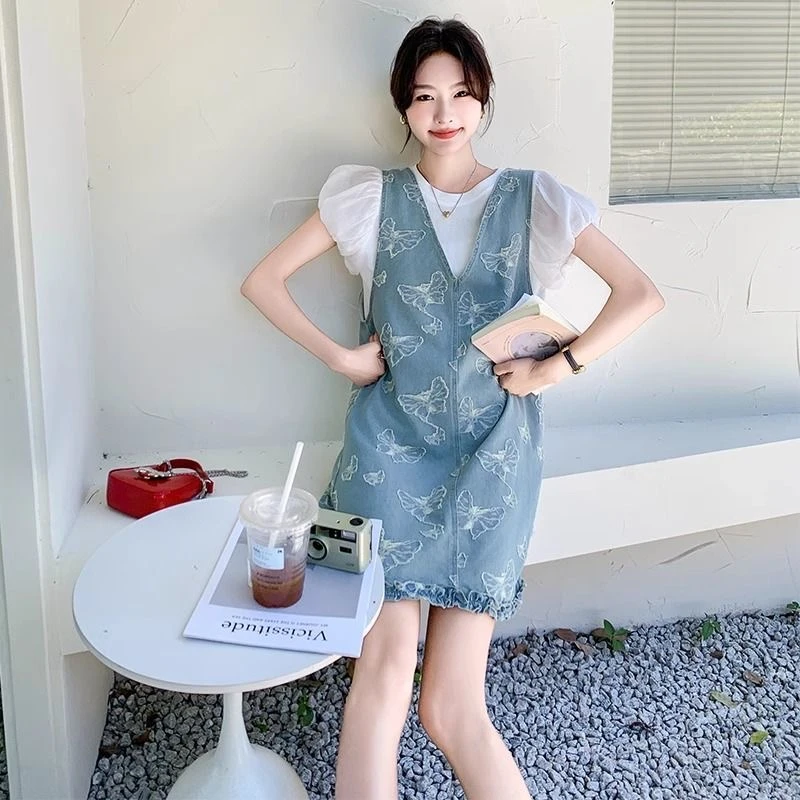 蓝色牛仔蝴蝶结提花连衣裙女夏薄款时尚学院风气质减龄显瘦短裙