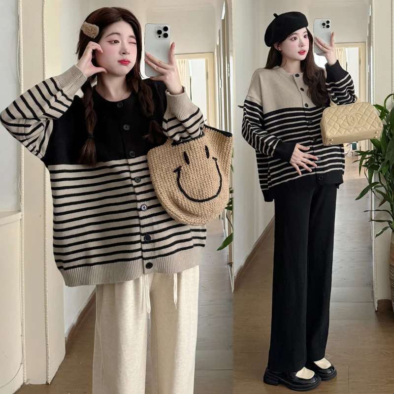设计感孕妇上衣秋冬季时尚显瘦减龄条纹毛衣开衫软糯休闲百搭外套
