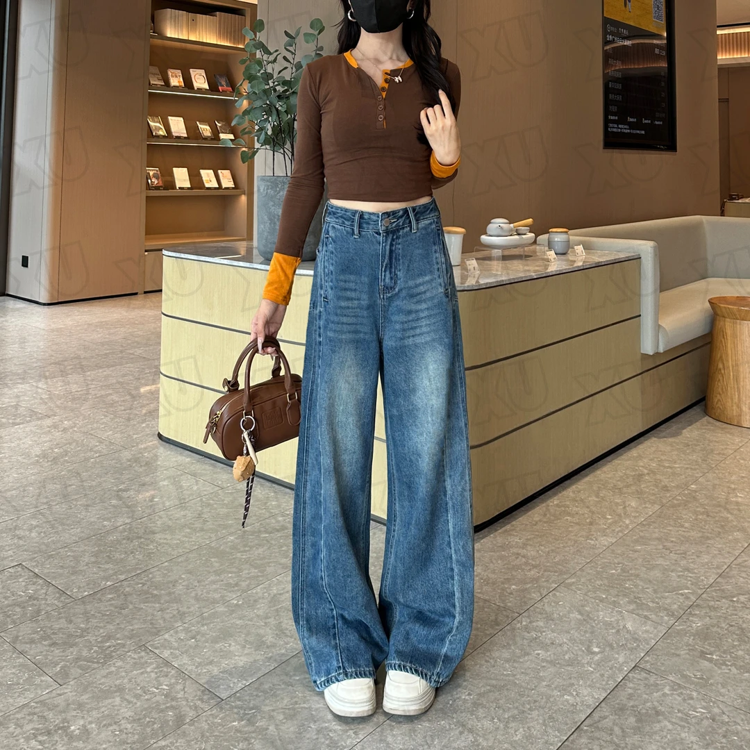 7661 秋季新款直筒阔腿裤女年爆款小个子高腰显瘦休闲牛仔裤C
