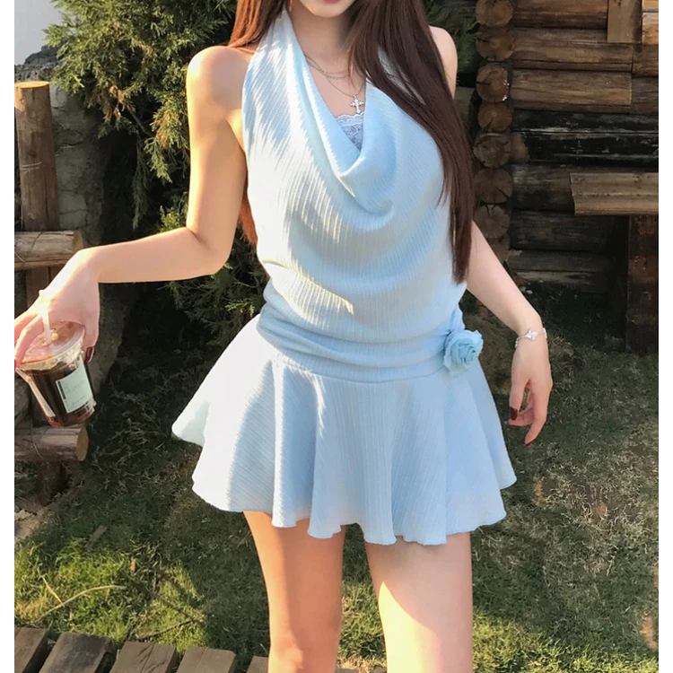 Mejiu蜜九 暗夜精灵 挂脖连衣裙春夏修身高腰显瘦纯欲性感辣妹风