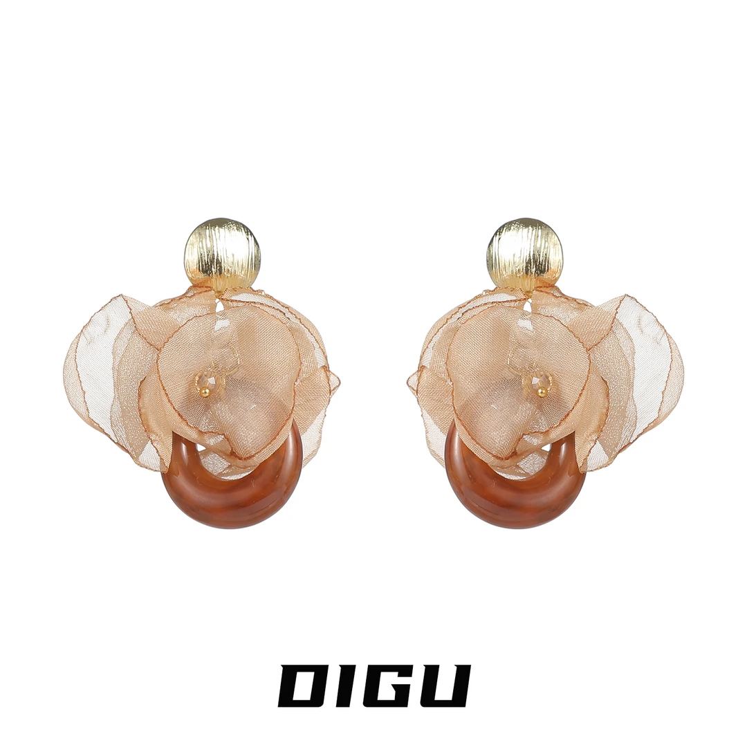 嘀咕家 铜合金布艺耳饰 秋冬美拉德风花朵耳环网纱花瓣耳钉耳饰