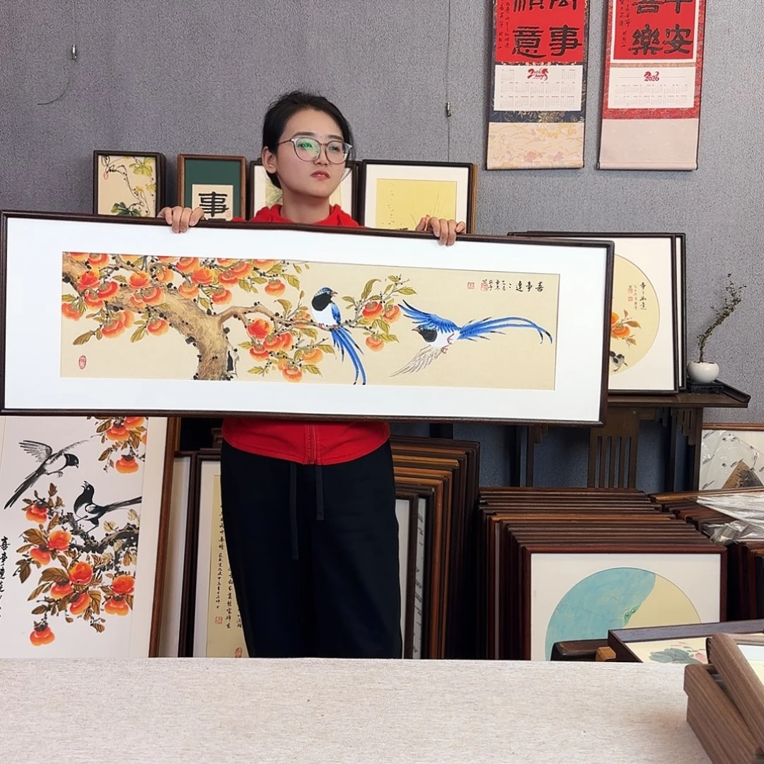 国画纯手绘，纯手写带框尺寸：40×123厘米