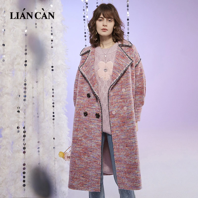 莲灿2024格子毛呢大衣时尚翻领羊毛长款呢子外套71AN463005