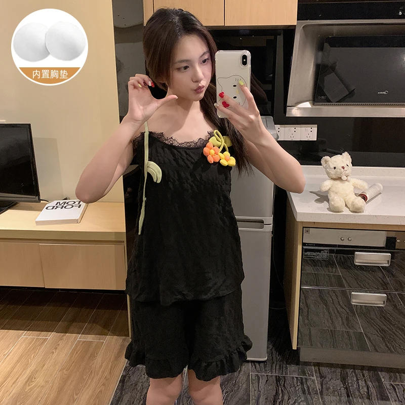 一体胸垫夏天薄款吊带短裤睡衣女家居服套装韩版套装睡衣蕾丝花边