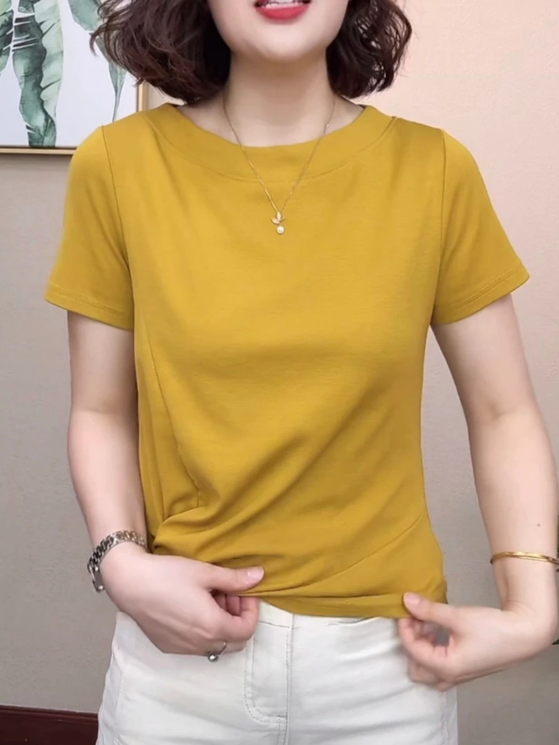 夏季新款中年妈妈装圆领短袖T恤时尚褶皱百搭纯色显瘦减龄上衣女