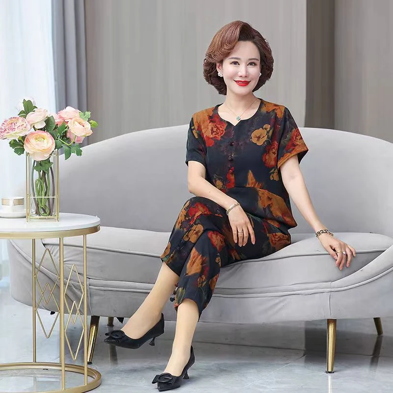 9990-套装上新！夏季新中式短袖气质妈妈装套装（A仓-32-1-3）