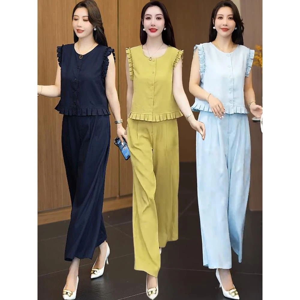 2025超火夏装一整套女夏日木耳边无袖棉麻上衣阔腿裤穿搭两件套潮