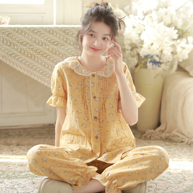 夏季睡衣甜美印花短袖长裤纯棉纱布女士韩版宽松休闲家居服套装
