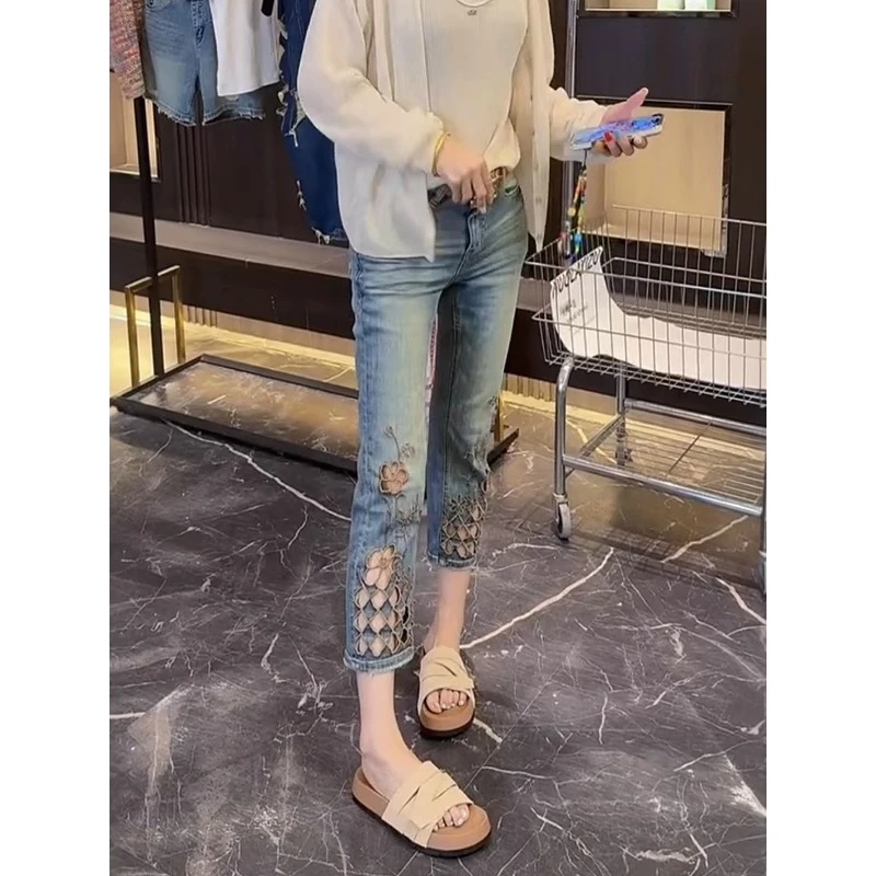 2025夏季薄款大码显九分烟管裤小个子重工刺绣镂空直筒牛仔裤女