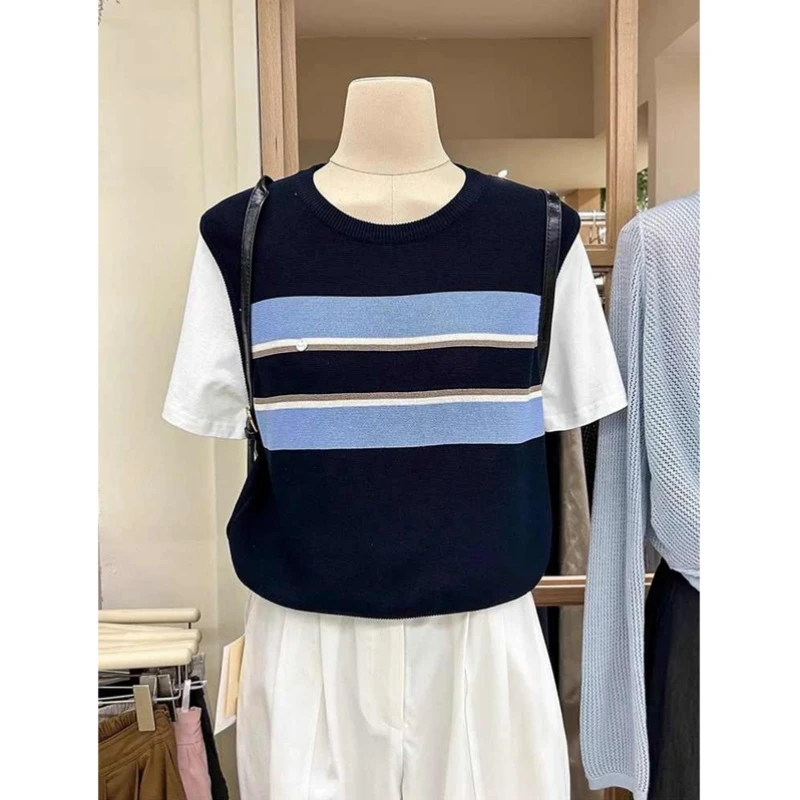 韩系圆领假两件条纹短袖针织t恤女夏季别致洋气百搭宽松慵懒上衣