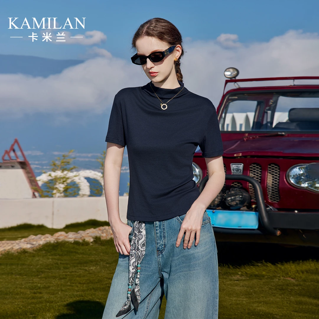 卡米兰法式洋气半高领短袖t恤女2025秋季新款今年流行的爆款上衣