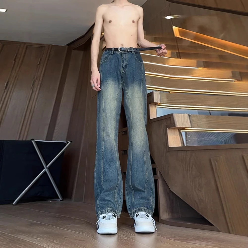 拼接复古蓝牛仔裤男夏季美式痞帅高级感裤子加长高个子弯刀微喇裤