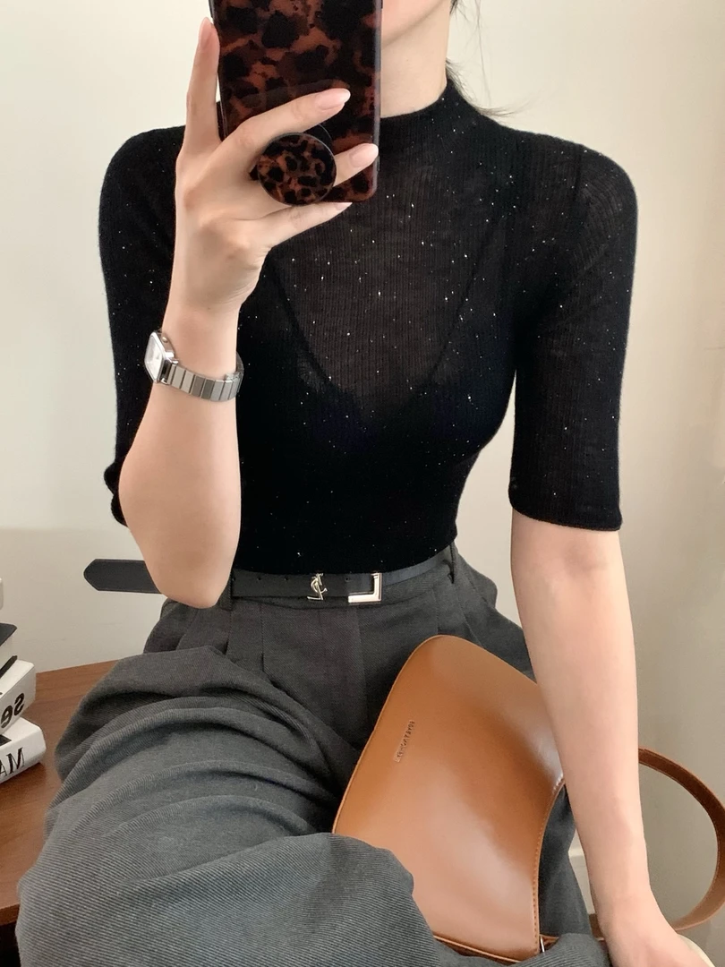 BaLiMuge【水溶羊毛】繁星点点新款女士五分袖亮片套头针织衫