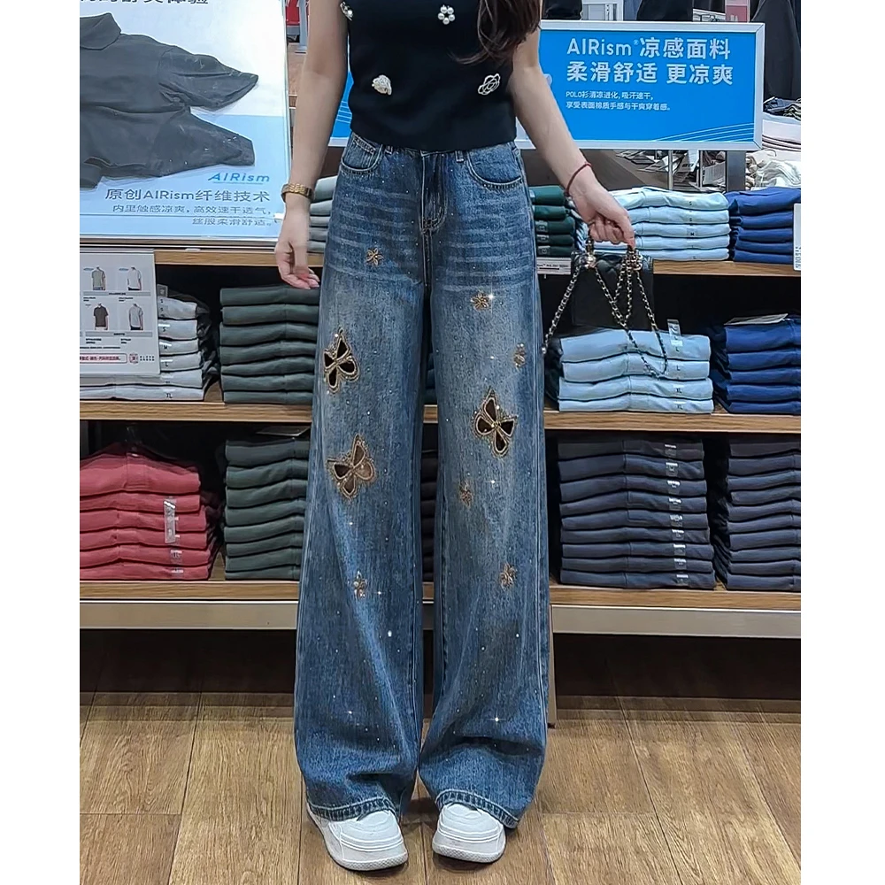 172夏季薄款牛仔裤女2025设计感刺绣烫钻高腰显瘦窄版阔腿裤长裤