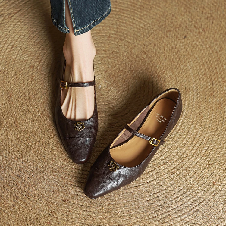 里外纯皮～羊皮2.5cm法式复古山茶花低跟玛丽珍舒适女气质浅口单鞋