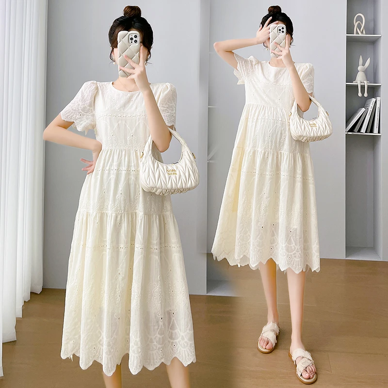 夏季新款刺绣气质中长款宽松法式孕妇连衣裙