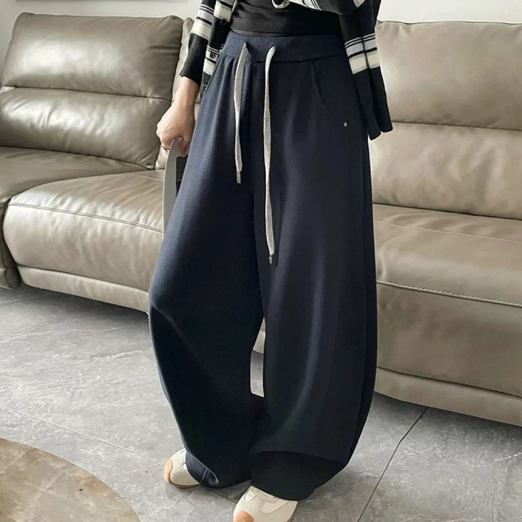 冬季女款系带慵懒休闲加绒弯刀裤松紧腰有口袋百搭时尚阔腿裤收脚