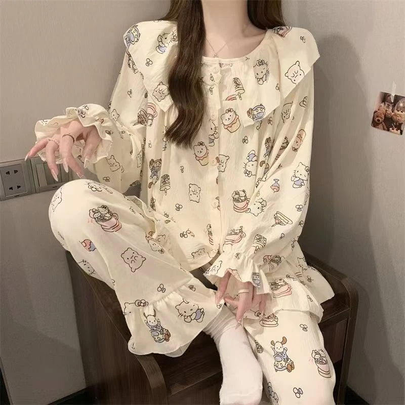 甜美可爱凯蒂猫娃娃领长袖睡衣套装纯棉春秋季薄款公主风家居服