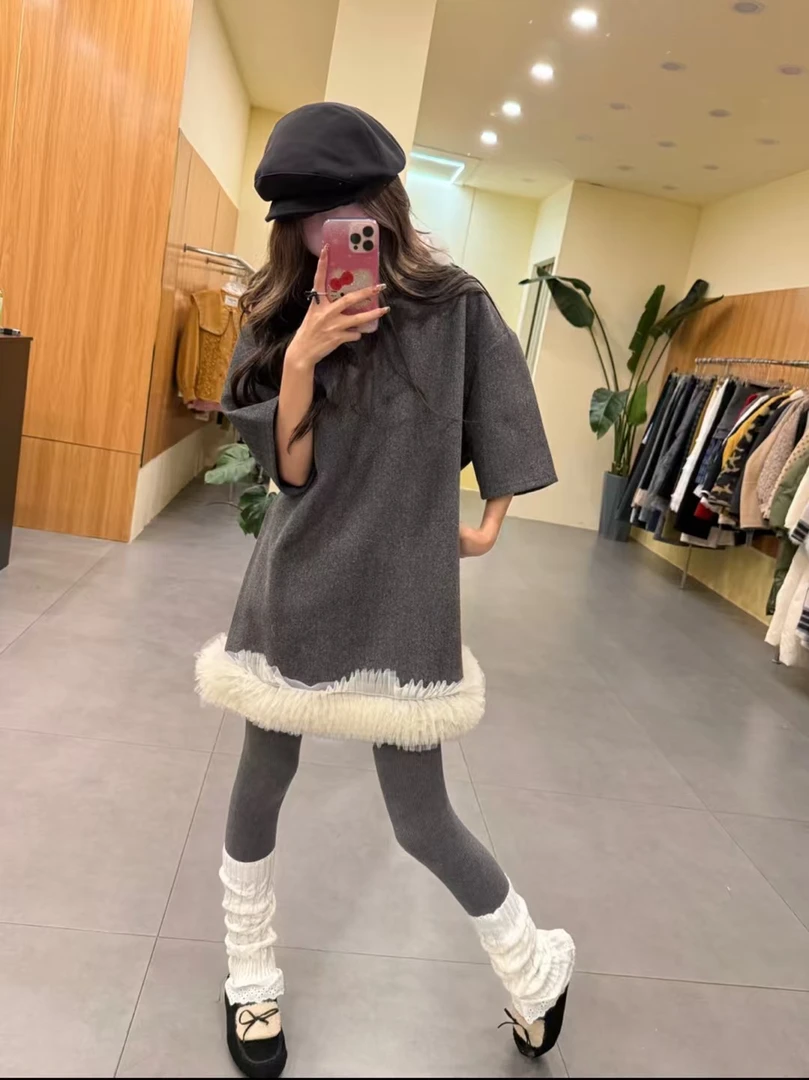 小慧家 毛呢短袖蓬蓬纱裙子