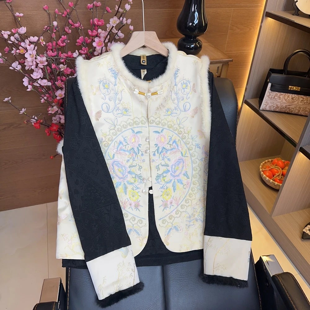 【双禧定制】冬雪--新中式马甲重工刺绣新款冬款气质女装绒毛时尚