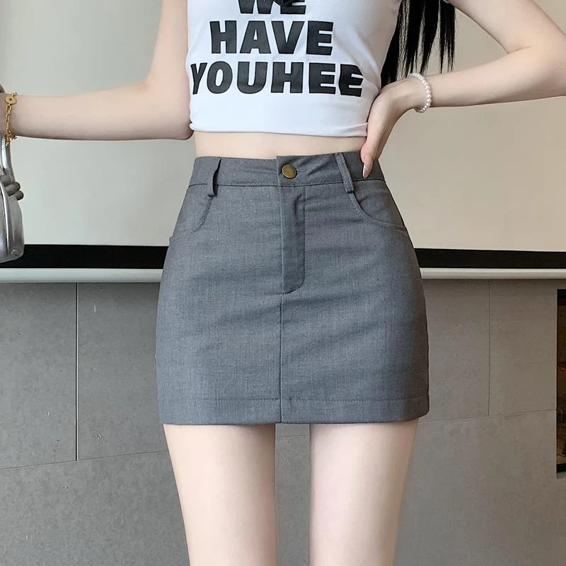 灰色西装半身裙女夏季2024新款小个子高腰休闲防走光a字包臀短裙