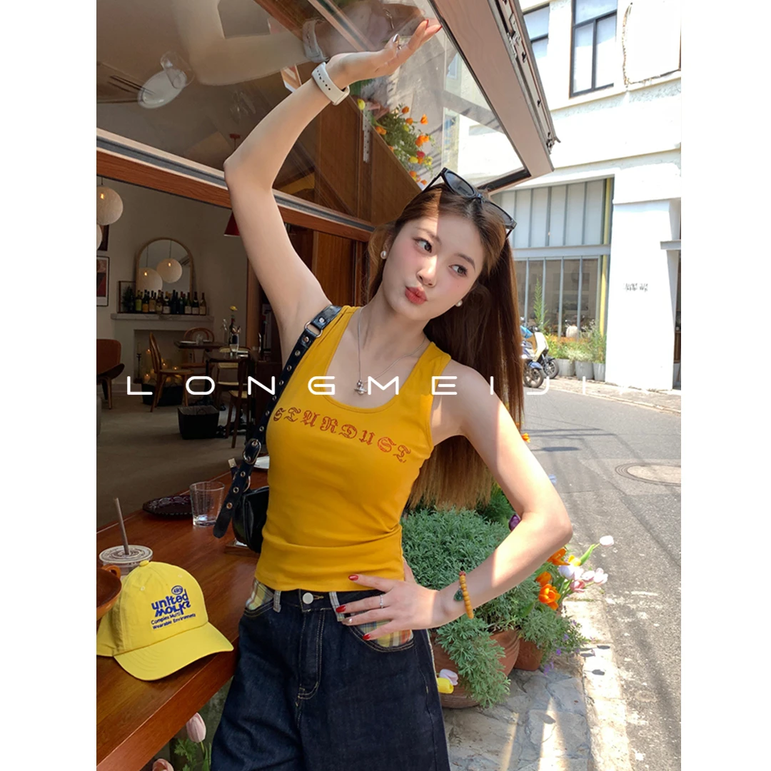 黄色美式复古吊带背心女内搭2025夏新款设计感辣妹外穿上衣
