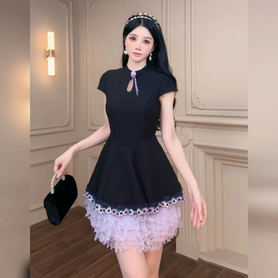 法式赫本风气质名媛显瘦优雅时尚拼接网纱花边小个子连衣裙21707