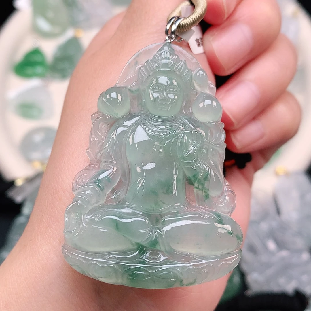 翡翠18K金镶嵌颈饰飘花度母55、39、5