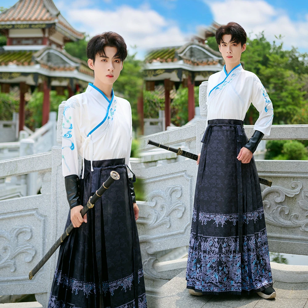 2025马面裙套装男新中式国风改良汉服交领刺绣上衣武侠风学生班服