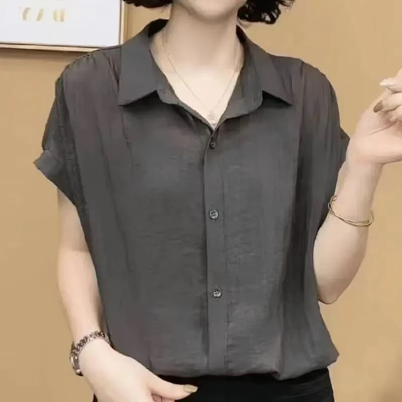 时尚新款抽绳短袖新中式显瘦遮肚休闲洋气纯色衬衫上衣女