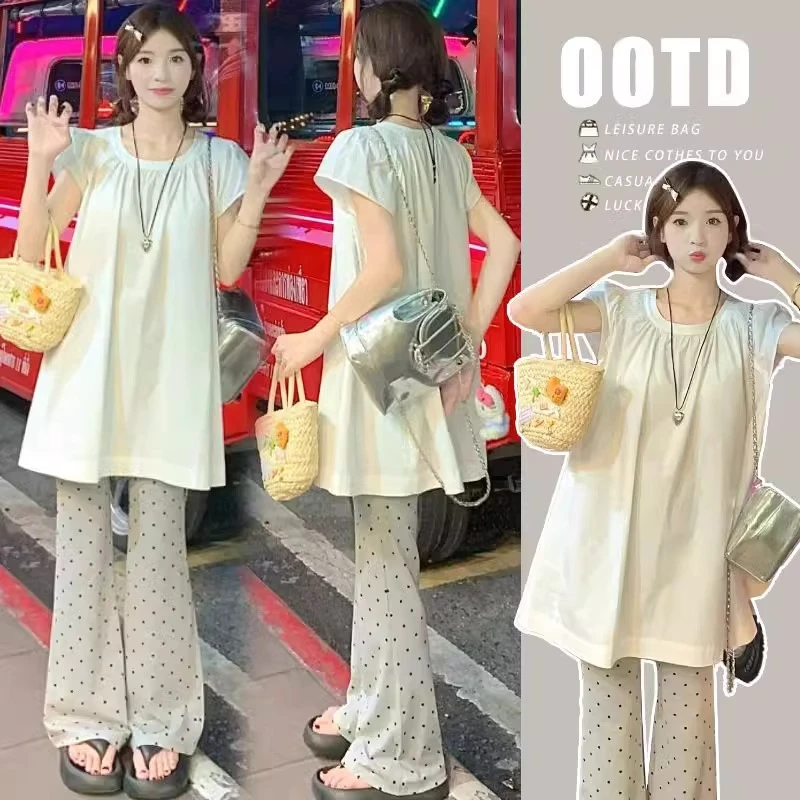 孕妇套装春装2025新款宽松小飞袖娃娃衫上衣波点喇叭裤春夏两件套