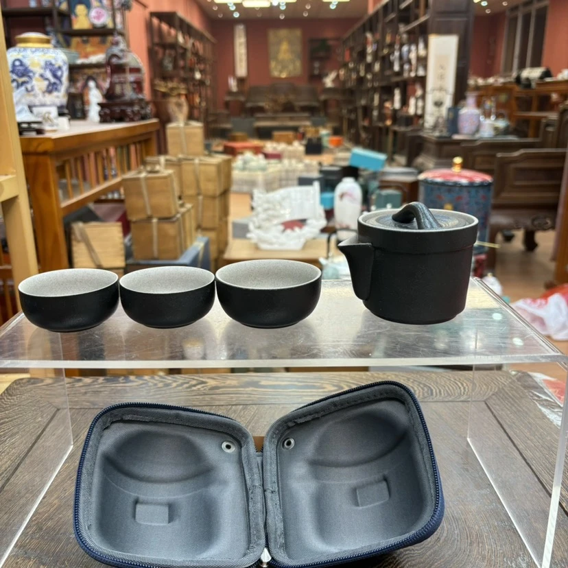 粗陶路宝釉黑色陶瓷旅行茶具H48