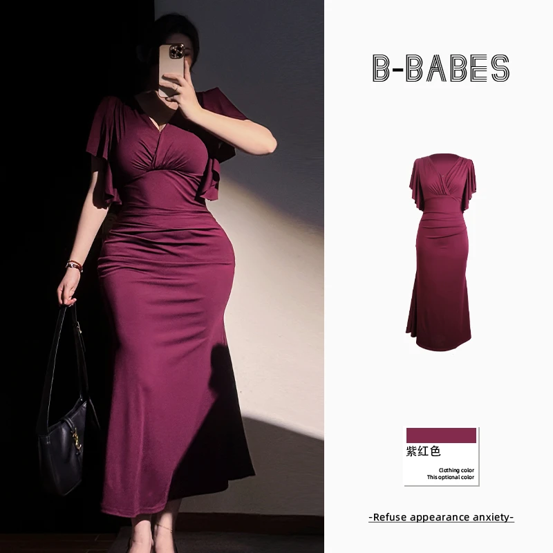 B-babes【紫韵迷人】纯欲风v领褶皱微胖大码修身长裙性感垂褶连衣裙