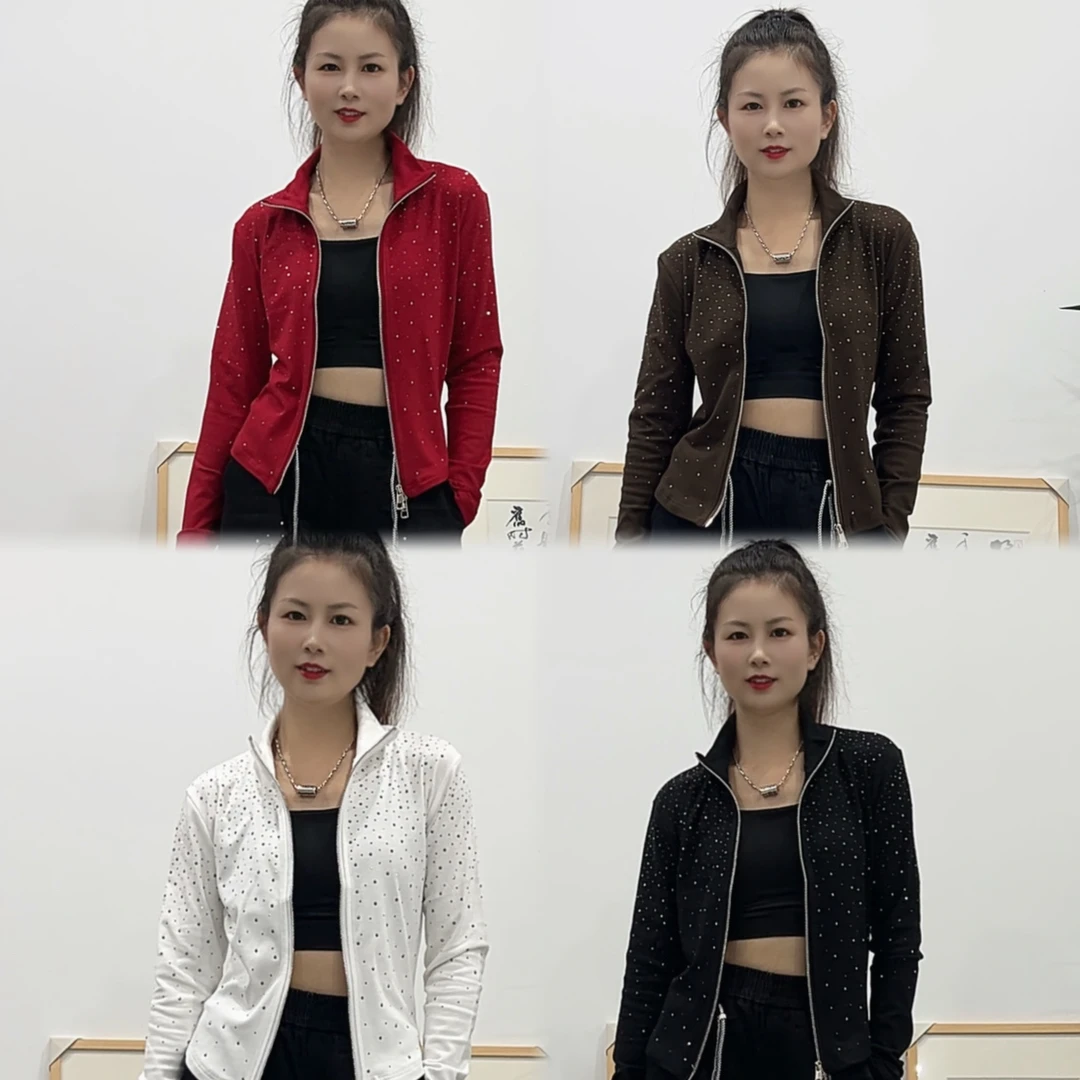 D#3927秋冬款磨毛烫钻拉链款修身版开衫