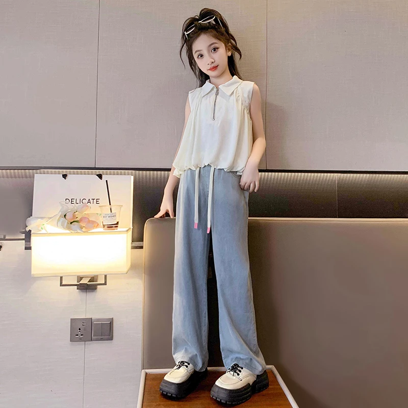 英国NEXTVSTO女童夏季套装新款洋气女孩无袖上衣牛仔中大阔腿裤