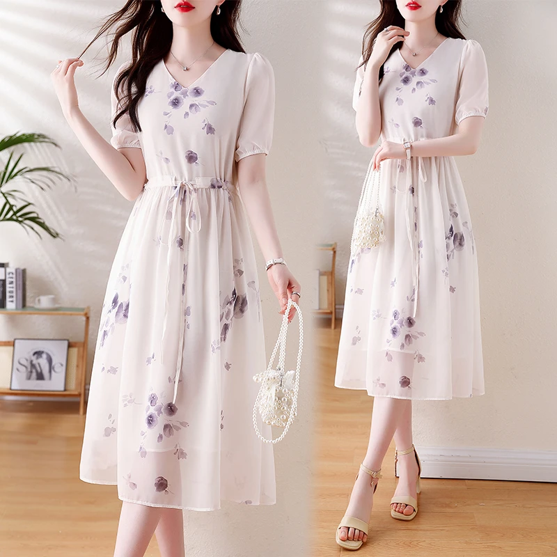 夏季碎花印花夏季温柔修身连衣裙夏装长裙女裙汉服女装旗袍