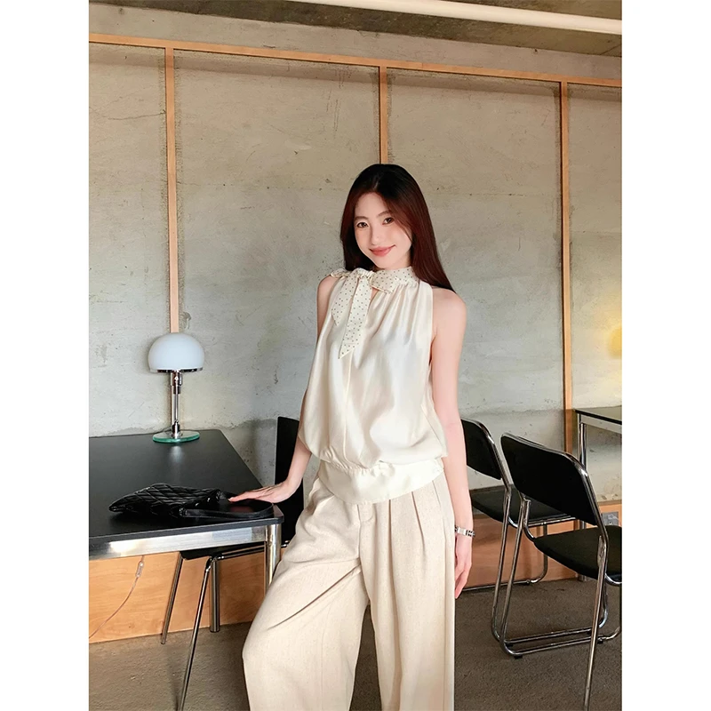 女生韩系ins衣服挂脖背心吊带露肩上衣夏季休闲裤高腰阔腿长裤