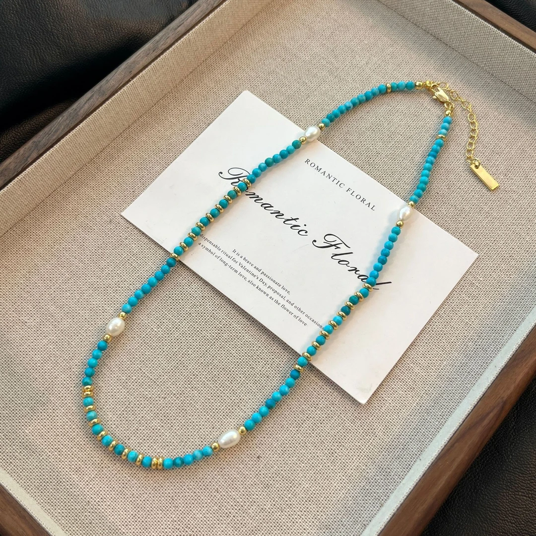 铜合金项链 四颗珠珠项链女轻奢小众高级感蓝色百搭精致锁骨链