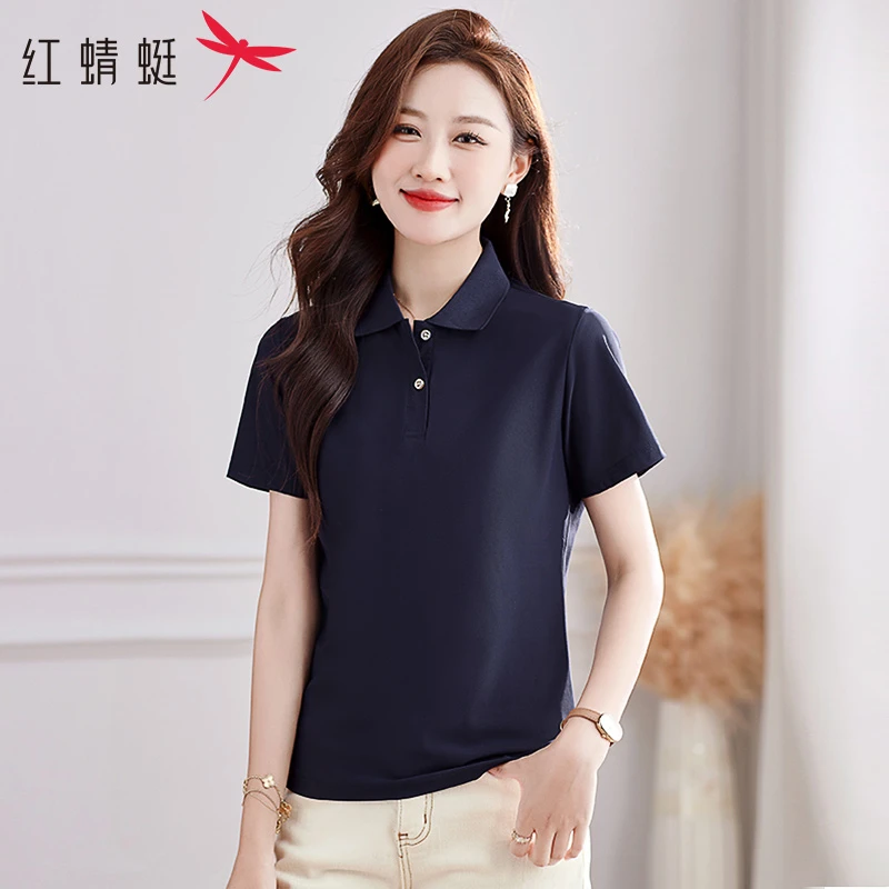 红蜻蜓冰感有领短袖t恤女夏季2025年新款纯色翻领polo衫上衣T
