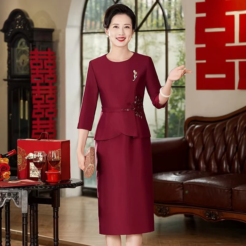55523气质长袖婚宴中式高贵红色长款喜妈妈高档宴会修身礼服裙