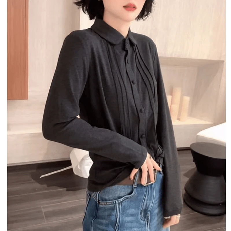磨毛衬衫领设计感竖坑条衬衣女冬季新款时尚气质百搭显瘦长袖上衣