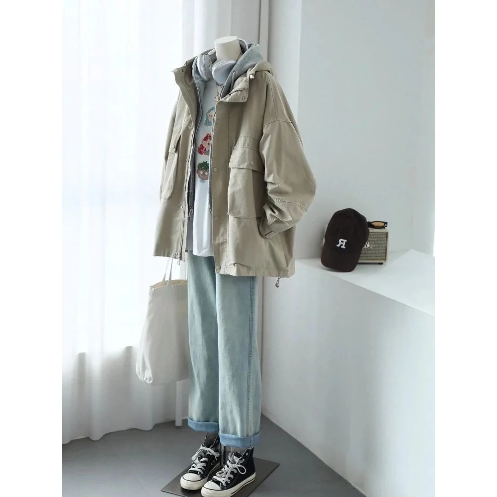 时尚新款设计感超好看中长款气质休闲卡其色连帽风衣外套女春季