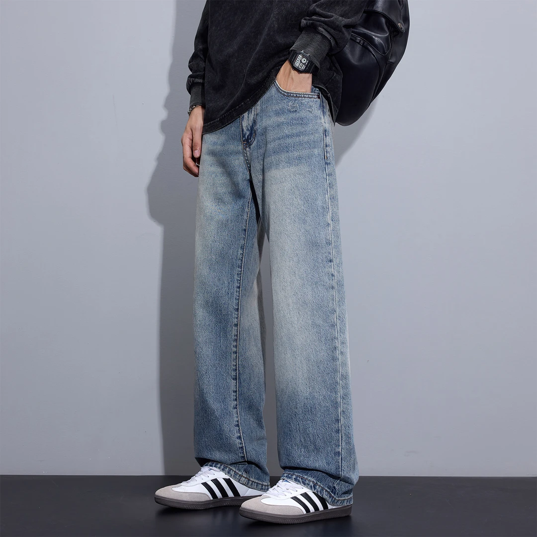 Kuvine2025秋季水洗刮烂美式高街潮流宽松直筒百搭纯棉牛仔裤男士
