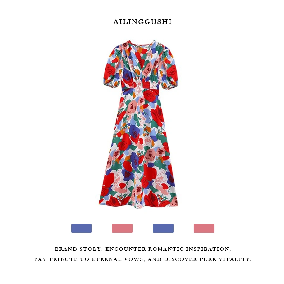 AILINGGUSHI - 【梦中花海】印花气质度假显瘦仙女连衣裙 - X168